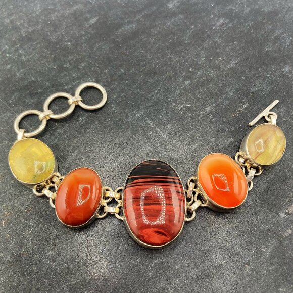VINTAGE Sterling silver, fluorite, red obsidian, & possibly carnelian bracelet - Picture 1 of 12